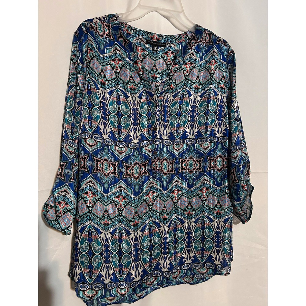 Sara Michelle Blue Teal Paisley Round Neck 3/4 Sleeve Pullover Blouse M